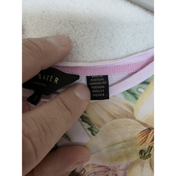 Ted Baker Blouse Womens 1 Pink Floral Cap Sleeve Jersey Top Portugal Lightweight - Picture 5 of 13